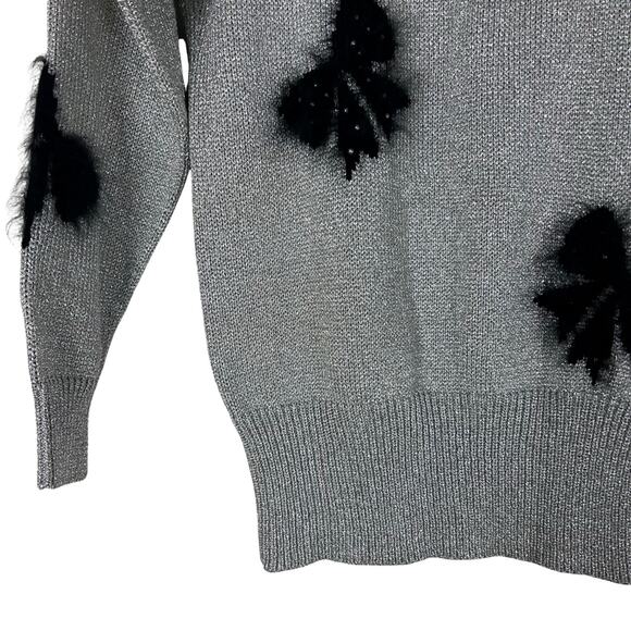 Vintage Smith St. John Metallic Lurex Holiday Sweater Bow Pearl Glam M - Picture 9 of 10